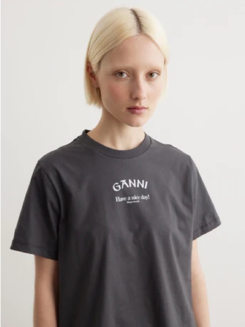 Ganni Gray Crewneck Tee with White Logo